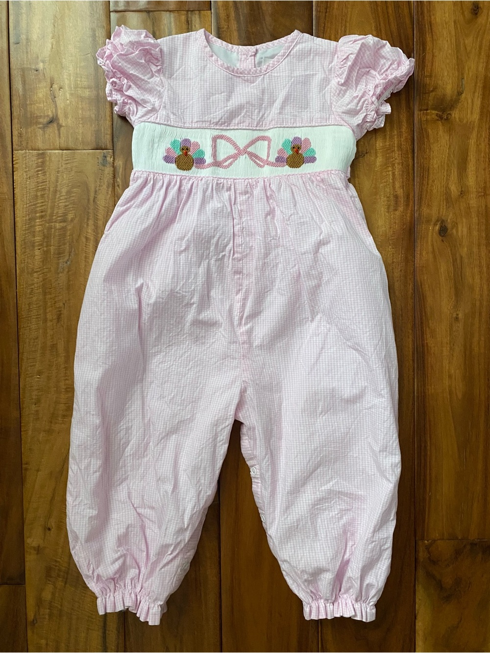 Cecil and Lou Boutique Pink Gingham Smocked Turkey Thanksgiving Romper Size 2t
